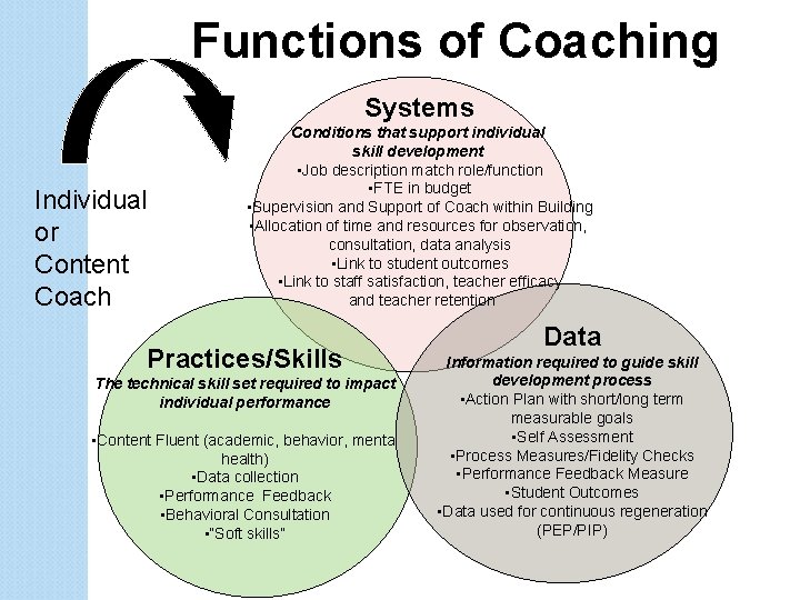 Functions of Coaching Systems Individual or Content Coach Conditions that support individual skill development