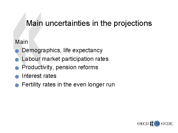 Main uncertainties in the projections Main n Demographics, life expectancy n Labour market participation