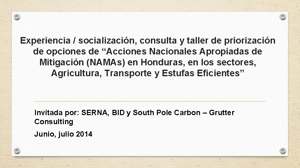 Experiencia / socialización, consulta y taller de priorización de opciones de “Acciones Nacionales Apropiadas