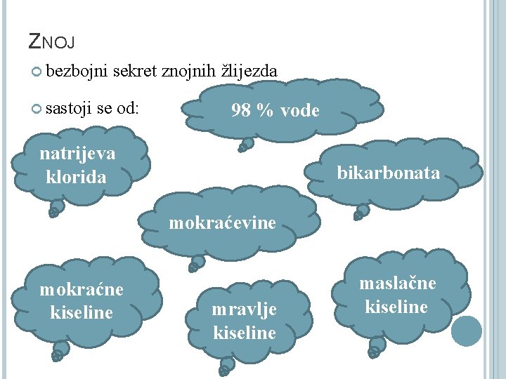 ZNOJ bezbojni sastoji sekret znojnih žlijezda se od: 98 % vode natrijeva klorida bikarbonata