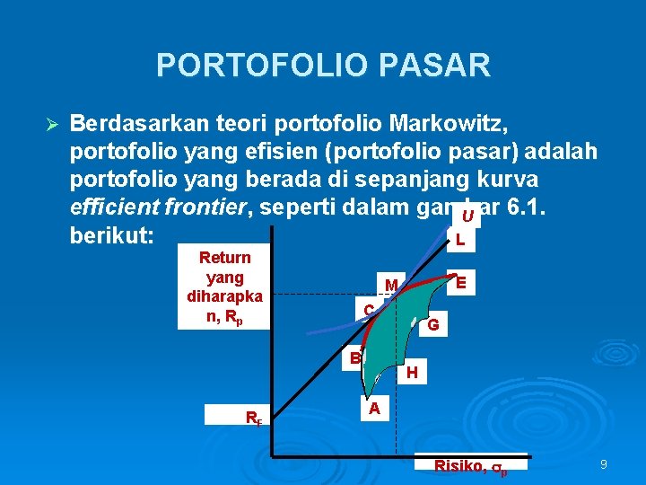 PORTOFOLIO PASAR Ø Berdasarkan teori portofolio Markowitz, portofolio yang efisien (portofolio pasar) adalah portofolio