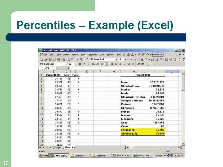 Percentiles – Example (Excel) 17 