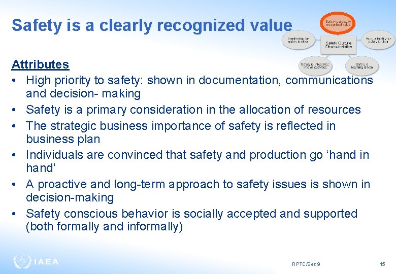 Safety is a clearly recognized value Attributes • High priority to safety: shown in