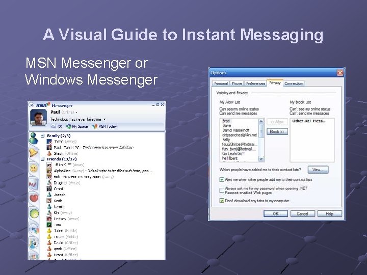 A Visual Guide to Instant Messaging MSN Messenger or Windows Messenger 