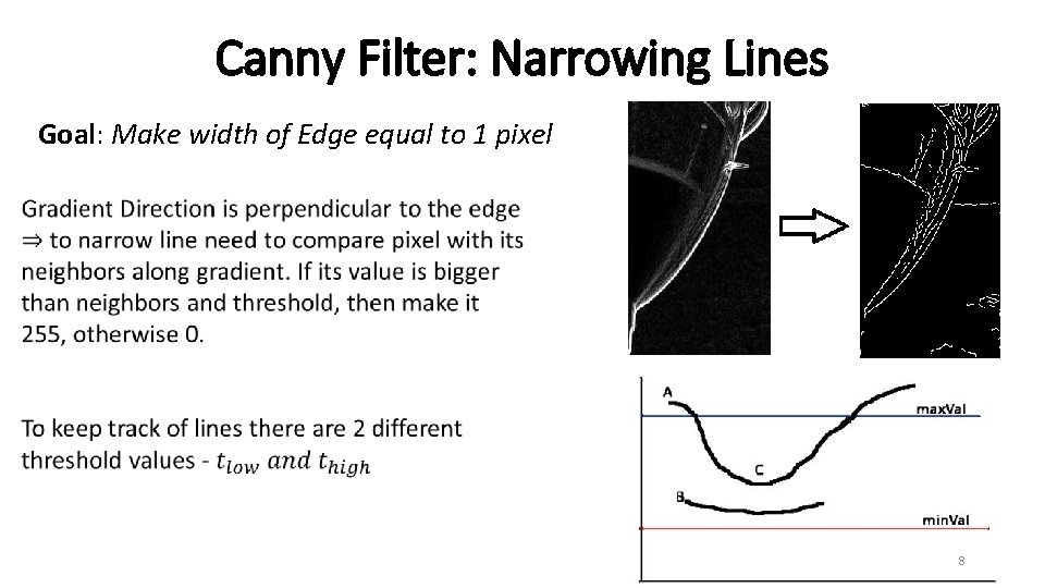 Canny Filter: Narrowing Lines Goal: Make width of Edge equal to 1 pixel 8