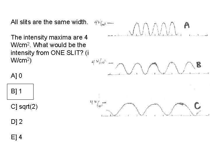 All slits are the same width. The intensity maxima are 4 W/cm 2. What