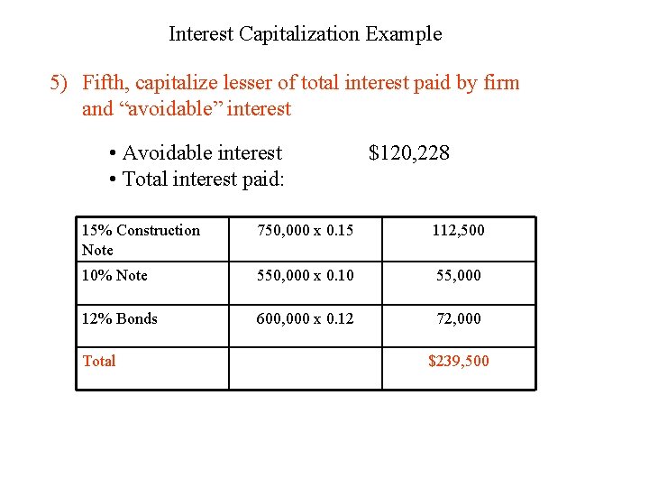 Interest Capitalization Example 5) Fifth, capitalize lesser of total interest paid by firm and