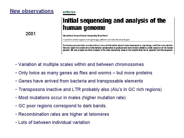 New observations 2001 • Variation at multiple scales within and between chromosomes • Only
