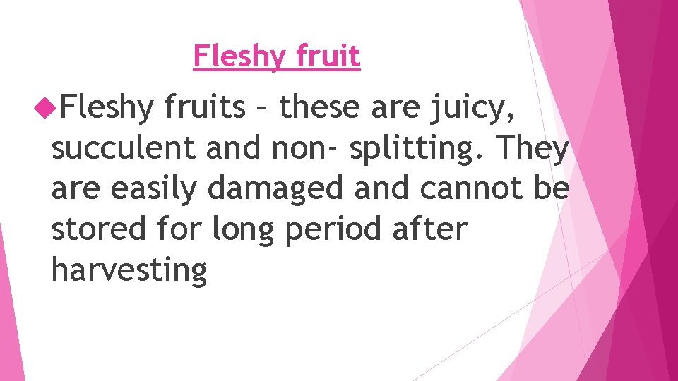 Fleshy fruits – these are juicy, succulent and non- splitting. They are easily damaged