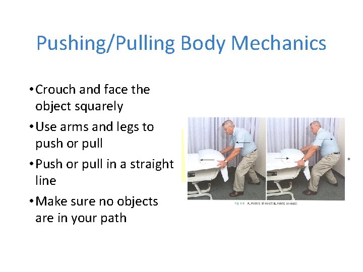 Pushing/Pulling Body Mechanics • Crouch and face the object squarely • Use arms and