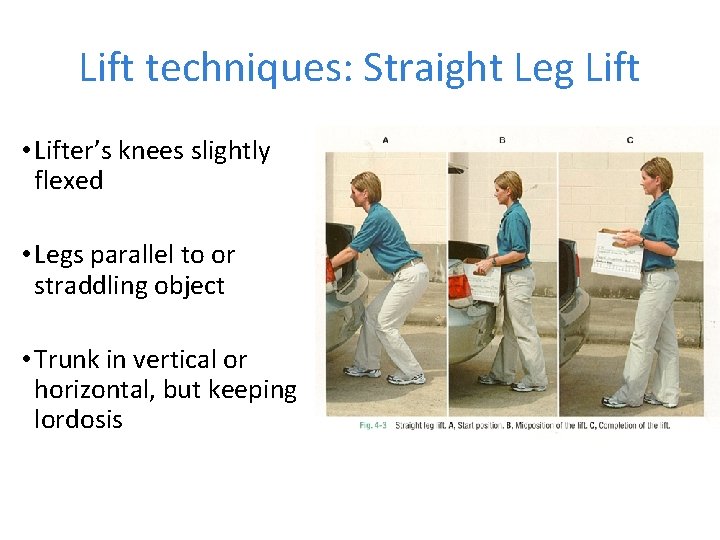 Lift techniques: Straight Leg Lift • Lifter’s knees slightly flexed • Legs parallel to