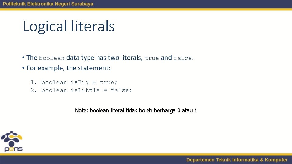 Logical literals • The boolean data type has two literals, true and false. • Logical literals • The boolean data type has two literals, true and false. •