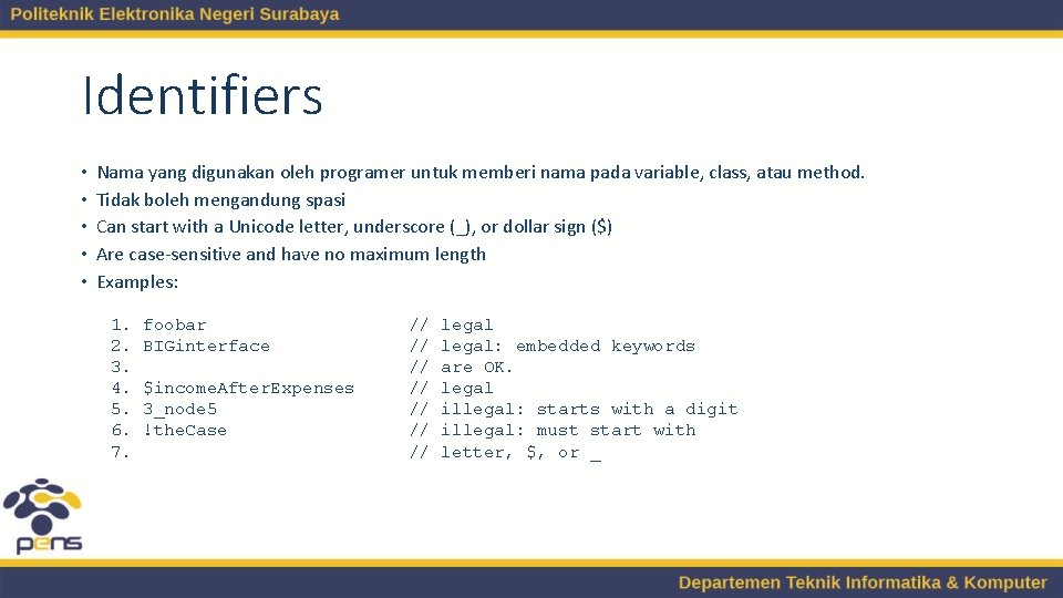 Identifiers • • • Nama yang digunakan oleh programer untuk memberi nama pada variable,