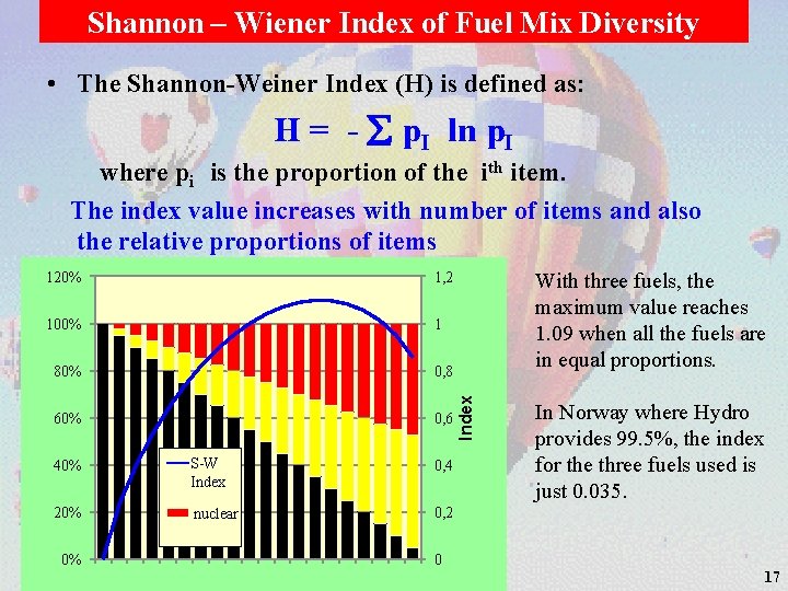 Shannon – Wiener Index of Fuel Mix Diversity • The Shannon-Weiner Index (H) is