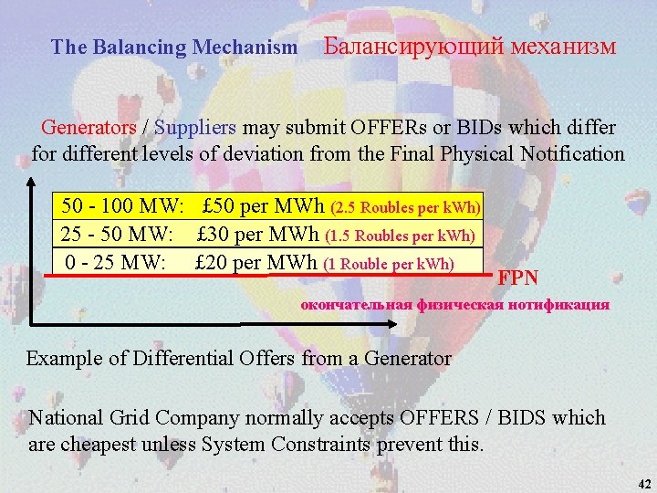 The Balancing Mechanism Балансирующий механизм Generators / Suppliers may submit OFFERs or BIDs which