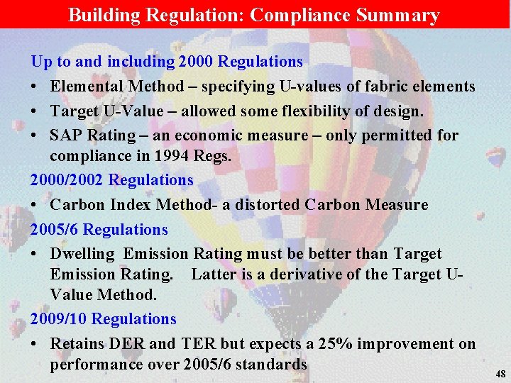 Building Regulation: Compliance Summary Up to and including 2000 Regulations • Elemental Method –