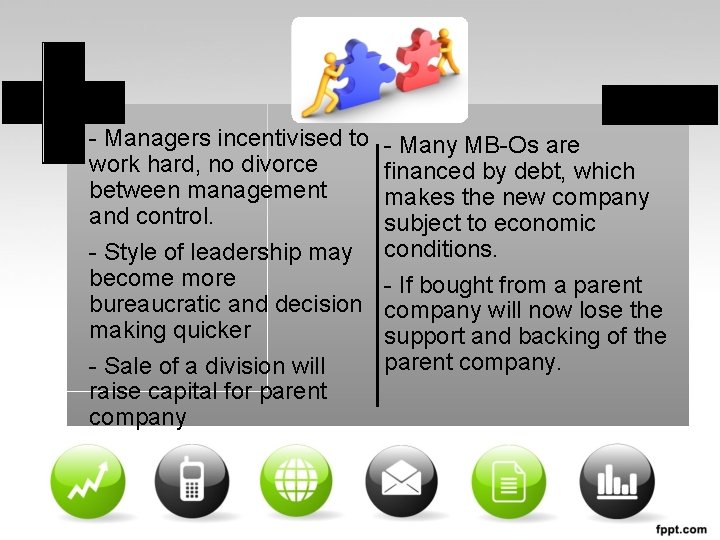 - Managers incentivised to work hard, no divorce between management and control. - Style