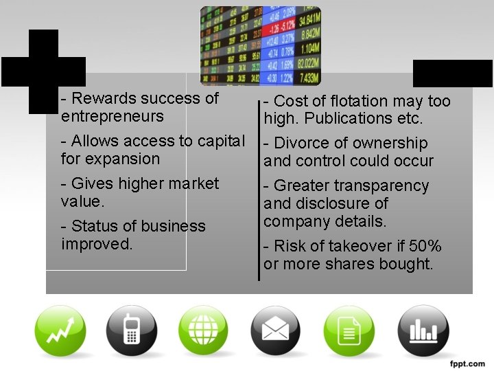 - Rewards success of entrepreneurs - Allows access to capital for expansion - Gives