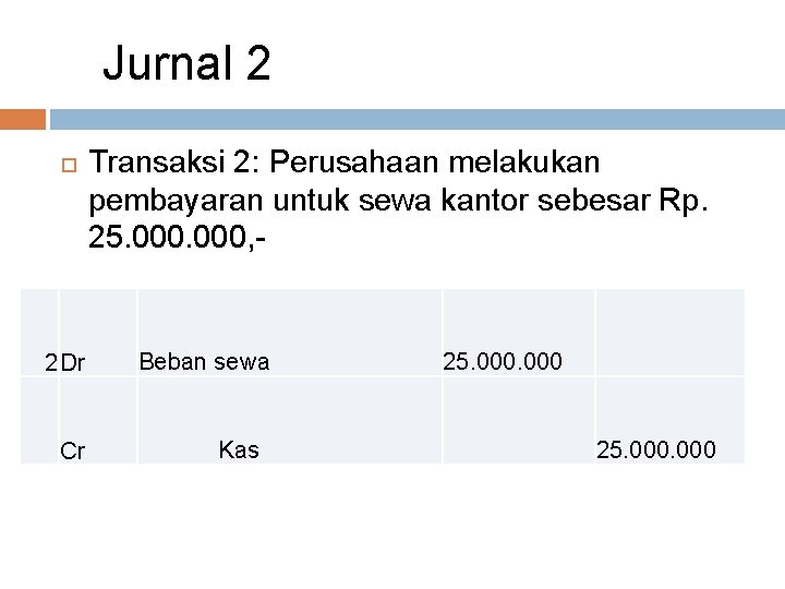 Jurnal 2 2 Dr Cr Transaksi 2: Perusahaan melakukan pembayaran untuk sewa kantor sebesar