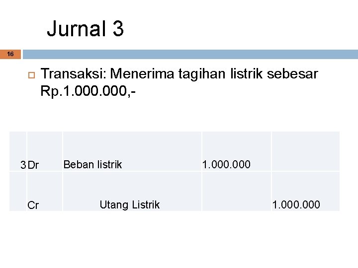 Jurnal 3 16 3 Dr Cr Transaksi: Menerima tagihan listrik sebesar Rp. 1. 000,