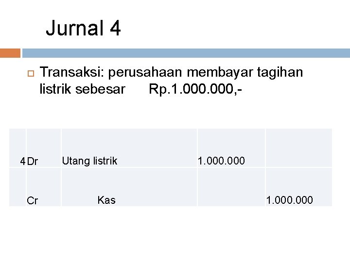 Jurnal 4 Transaksi: perusahaan membayar tagihan listrik sebesar Rp. 1. 000, - 4 Dr