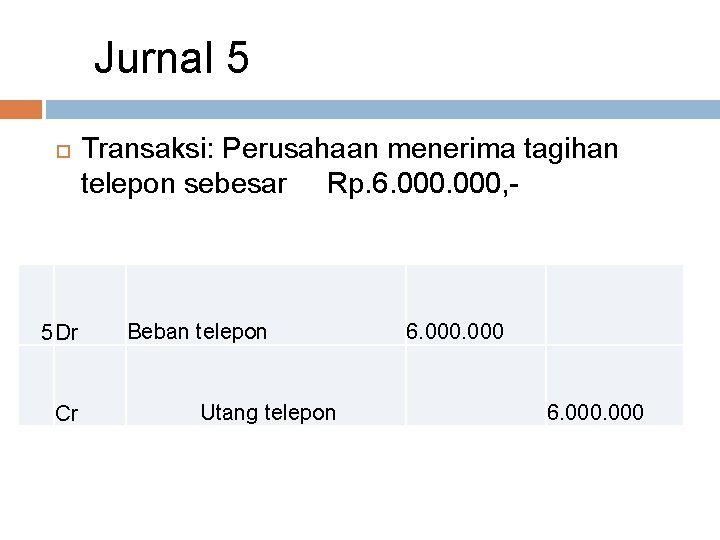 Jurnal 5 5 Dr Cr Transaksi: Perusahaan menerima tagihan telepon sebesar Rp. 6. 000,