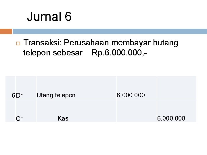 Jurnal 6 6 Dr Cr Transaksi: Perusahaan membayar hutang telepon sebesar Rp. 6. 000,