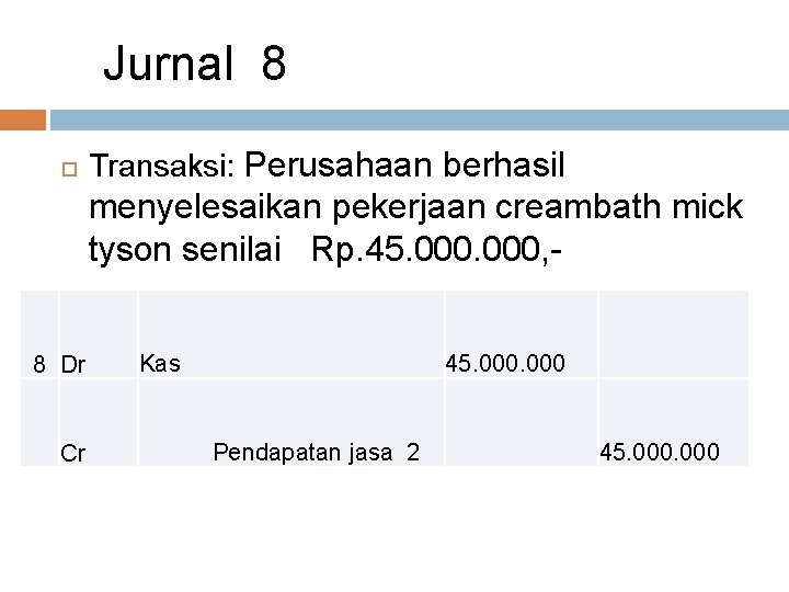 Jurnal 8 Transaksi: Perusahaan berhasil menyelesaikan pekerjaan creambath mick tyson senilai Rp. 45. 000,