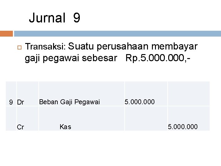 Jurnal 9 Transaksi: Suatu perusahaan membayar gaji pegawai sebesar Rp. 5. 000, - 9