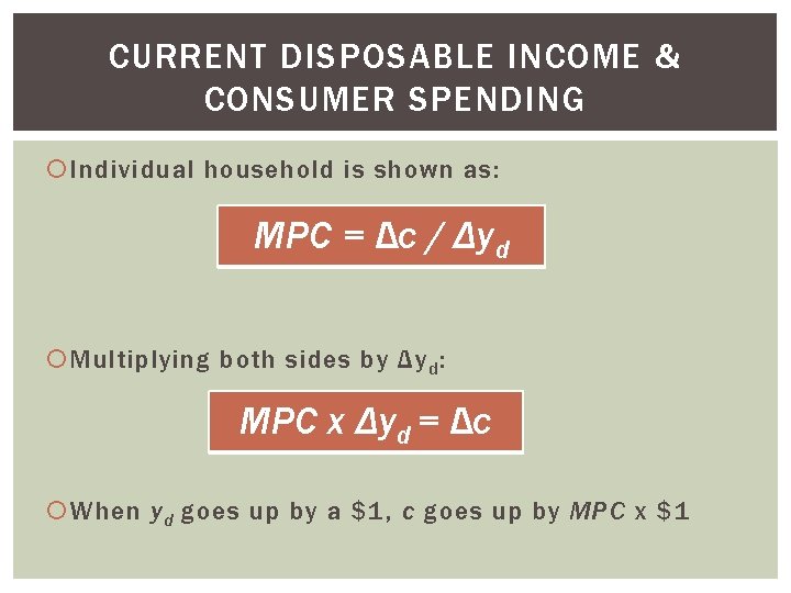 CURRENT DISPOSABLE INCOME & CONSUMER SPENDING Individual household is shown as: MPC = Δc