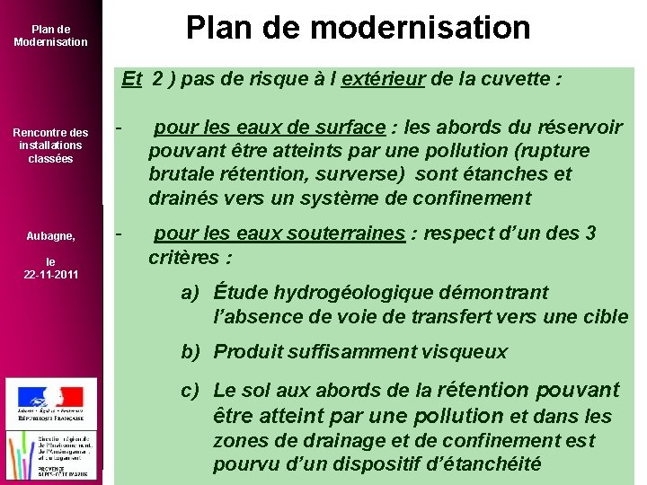 Plan de modernisation Plan de Modernisation Et 2 ) pas de risque à l
