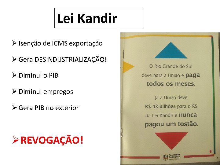 Lei Kandir Ø Isenção de ICMS exportação Ø Gera DESINDUSTRIALIZAÇÃO! Ø Diminui o PIB