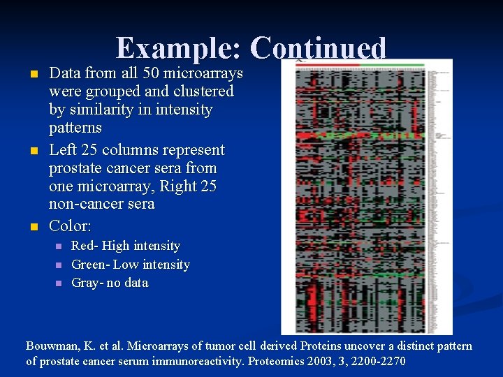 Example: Continued n n n Data from all 50 microarrays were grouped and clustered