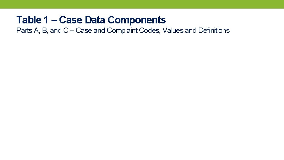 Table 1 – Case Data Components Parts A, B, and C – Case and