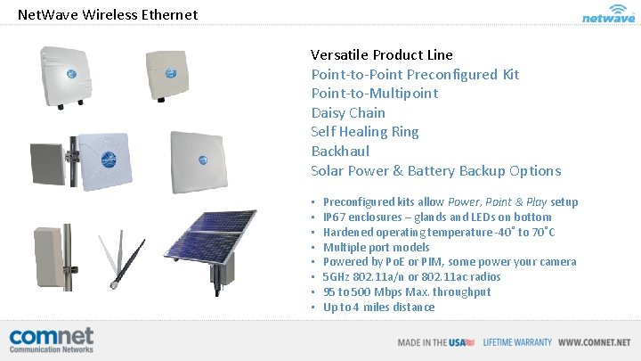 Net. Wave Wireless Ethernet Versatile Product Line Point-to-Point Preconfigured Kit Point-to-Multipoint Daisy Chain Self