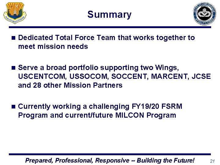 Summary n Dedicated Total Force Team that works together to meet mission needs n
