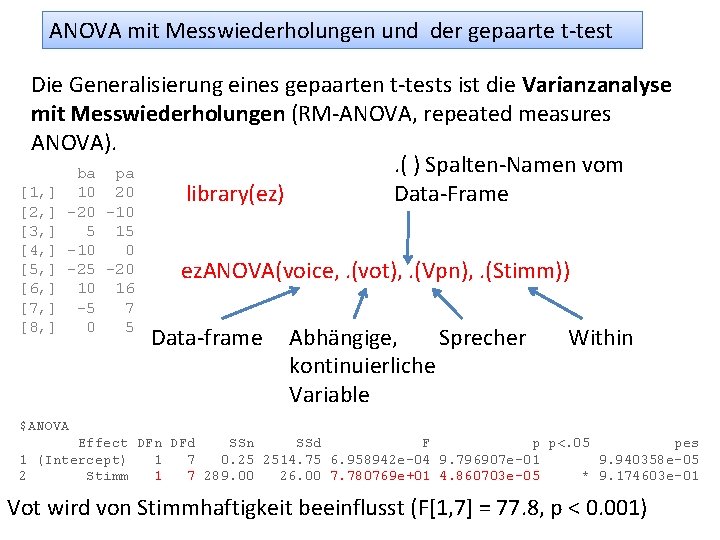 ANOVA mit Messwiederholungen und der gepaarte t-test Die Generalisierung eines gepaarten t-tests ist die