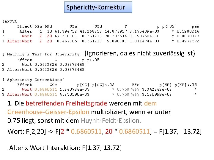 Sphericity-Korrektur $ANOVA Effect DFn DFd SSn SSd F p p<. 05 pes 1 Alter