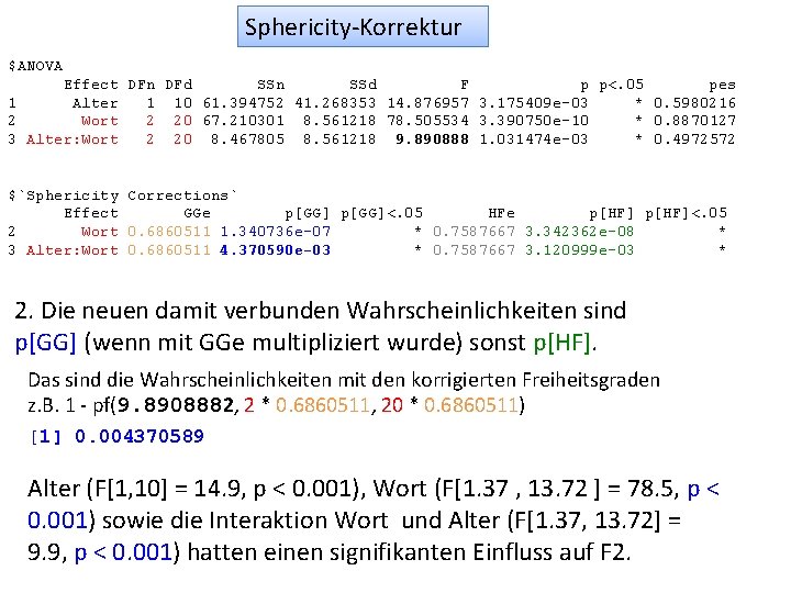 Sphericity-Korrektur $ANOVA Effect DFn DFd SSn SSd F p p<. 05 pes 1 Alter