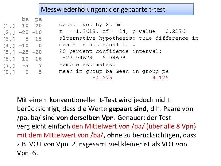 Messwiederholungen: der gepaarte t-test [1, ] [2, ] [3, ] [4, ] [5, ]