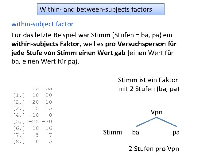 Within- and between-subjects factors within-subject factor Für das letzte Beispiel war Stimm (Stufen =