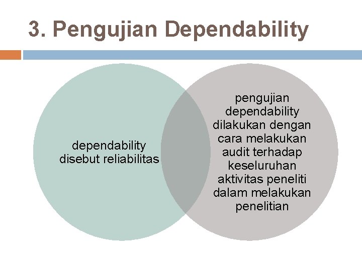 3. Pengujian Dependability disebut reliabilitas pengujian dependability dilakukan dengan cara melakukan audit terhadap keseluruhan