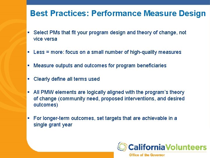 Best Practices: Performance Measure Design § Select PMs that fit your program design and