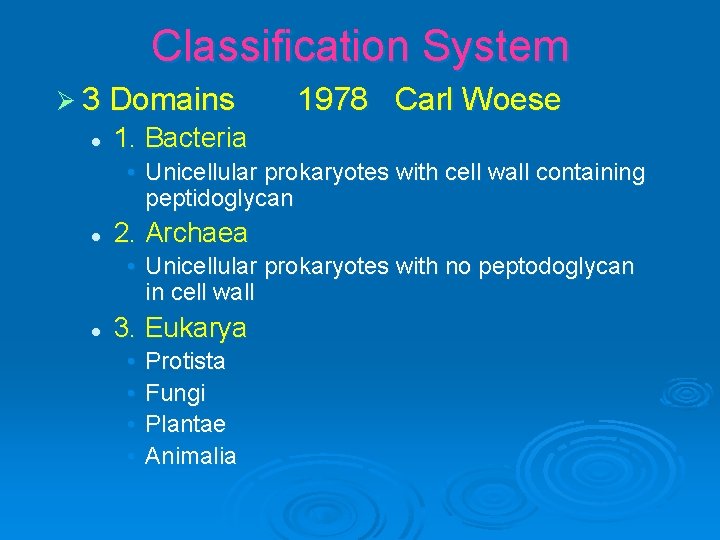 Classification System Ø 3 Domains l 1978 Carl Woese 1. Bacteria • Unicellular prokaryotes