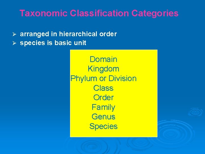 Taxonomic Classification Categories arranged in hierarchical order Ø species is basic unit Ø Domain