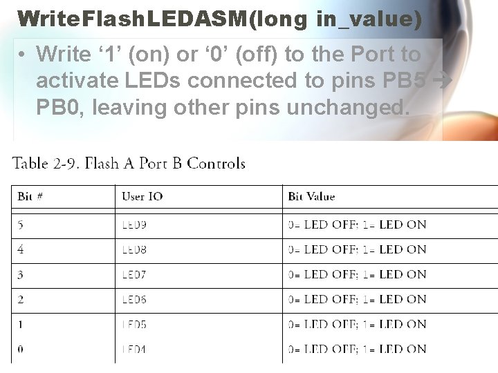 Write. Flash. LEDASM(long in_value) • Write ‘ 1’ (on) or ‘ 0’ (off) to