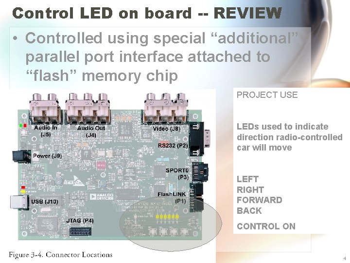 Control LED on board -- REVIEW • Controlled using special “additional” parallel port interface