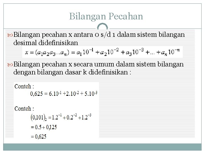 Bilangan Pecahan Bilangan pecahan x antara 0 s/d 1 dalam sistem bilangan desimal didefinisikan