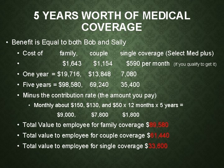 5 YEARS WORTH OF MEDICAL COVERAGE • Benefit is Equal to both Bob and