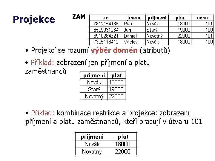 Projekce ZAM • Projekcí se rozumí výběr domén (atributů) • Příklad: zobrazení jen příjmení